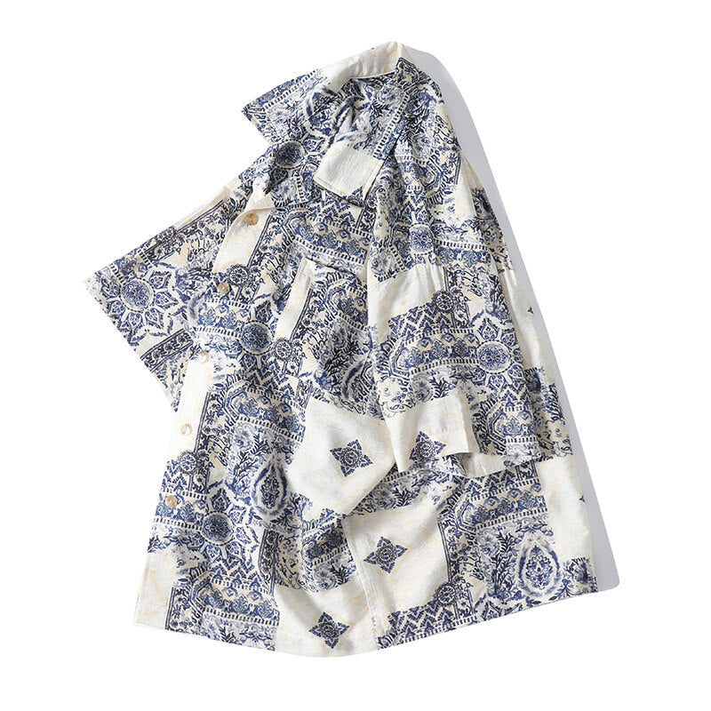 Cool bamboo knot imitation linen weave Cuban collar short sleeved shirt