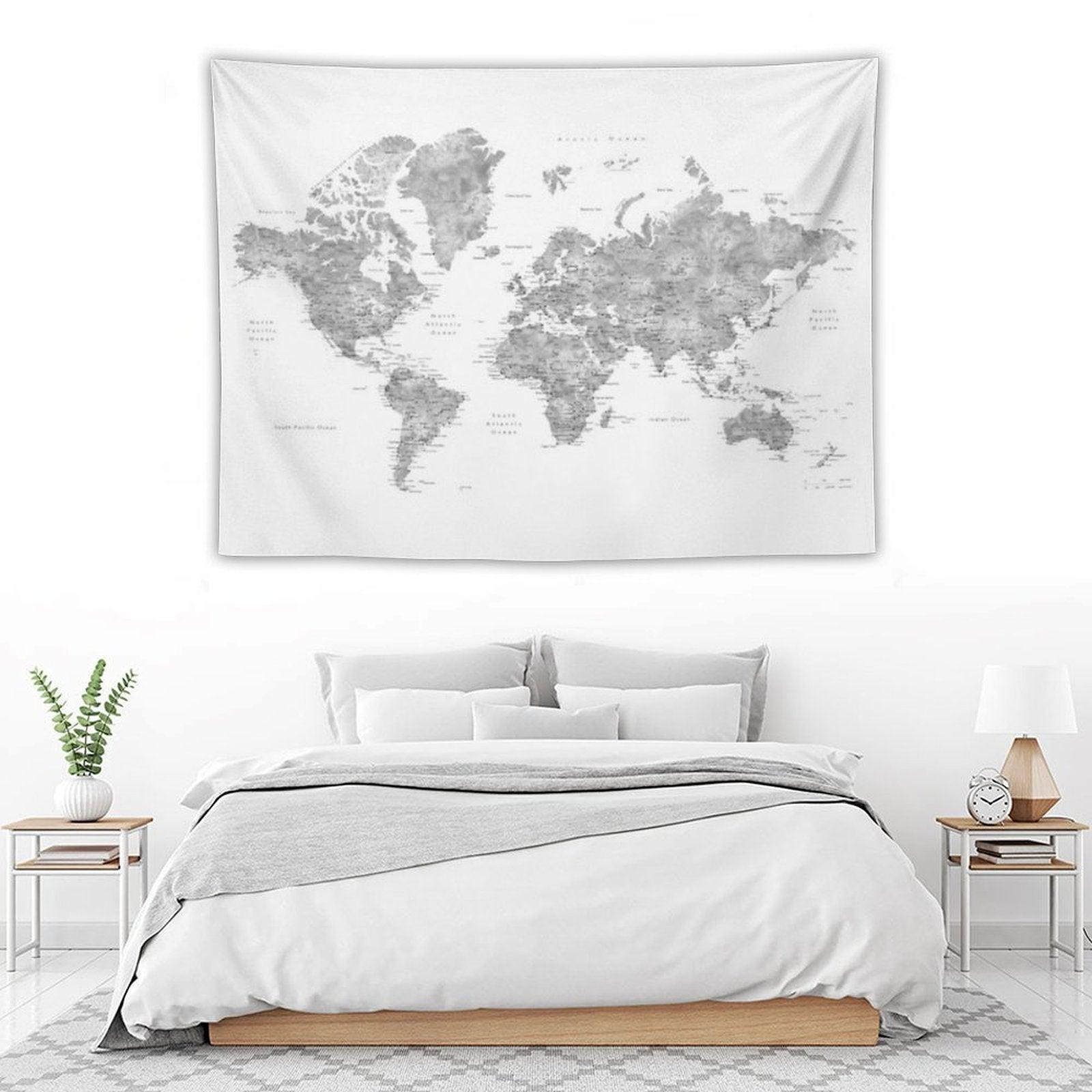 Grayscale Watercolor World Map with Cities Tapestry