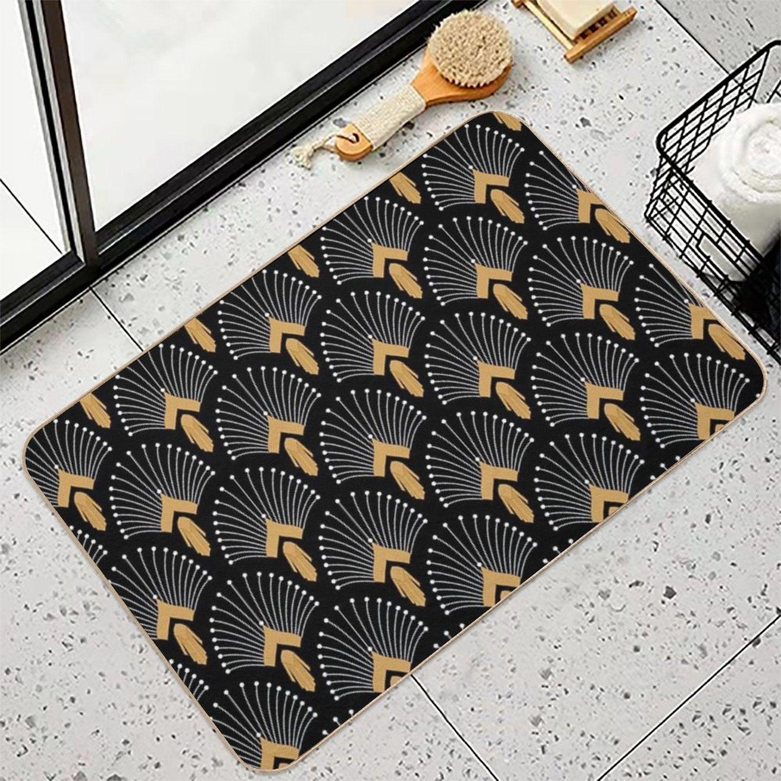Black, Gold And White Art Deco Fan Flowers Motif Bath Mat