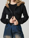 Black Fuzzy Hem Hooded Zip-Up Jacket With Long Sleeves and Casual Style Jacket