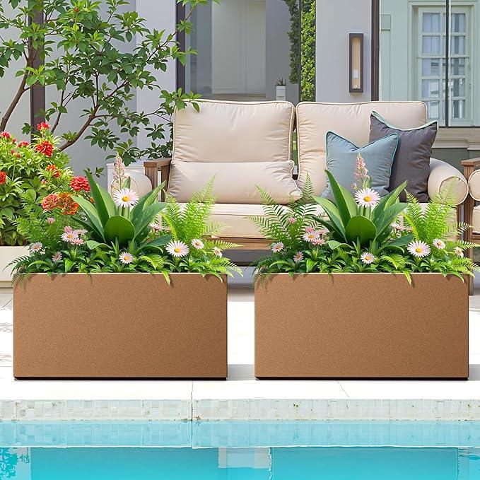 FENCY Metal Rectangular Planter Box, Large Planters for Outdoor Plants, Tall Planters for Outdoor Plants with Drainage Holes (32