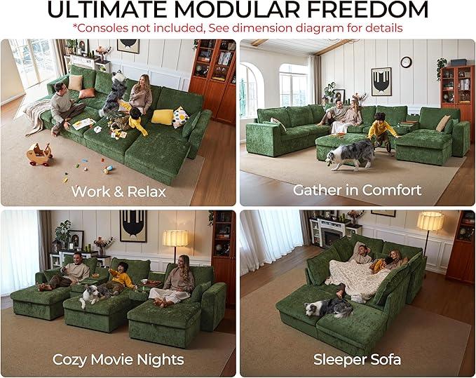 Oversized Modular Sofa Comfy Cloud Couch with Storage, Extra Deep Plush Sectional Sofa Set for Living Room, Covers Washable, Chenille, Olar (Green, 3-Seater, Basic Shape)