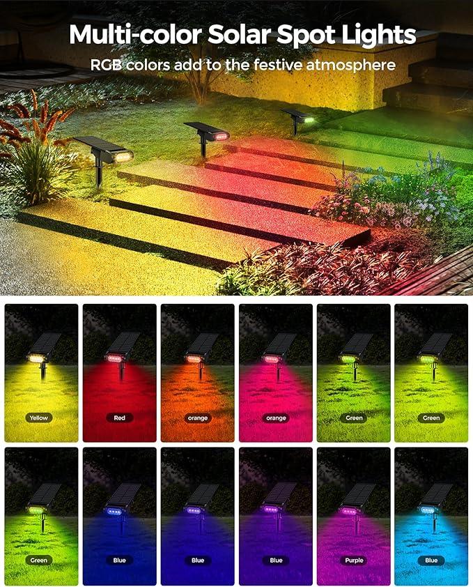 Solar Spot Lights Outdoor Waterproof IP67, RGB Landscape Lighting with Remote & Timer, Color Changing Solar Uplights Outdoor for Trees, Garden, Yard, and Pathway (2 Pack)