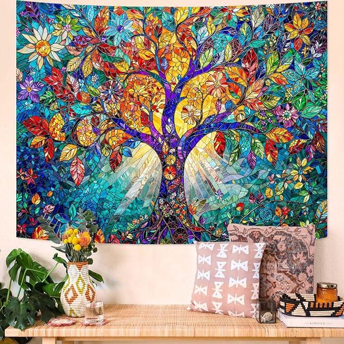 Lunerfex Tree of Life Tapestry Stained Glass Tapestry Wall Decor Tapestries for Bedroom Art Tapestries Wall Hanging for Bedroom Living Room Glass-Tree-02 60