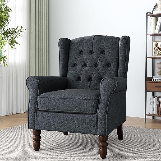 Lumibee High Back Accent Chair,Upholstered Wingback Armchair with Solid Wood Legs for Small Spaces,Comfy Single Sofa Chair for Living Room,Bedroom,Office-Black Blue