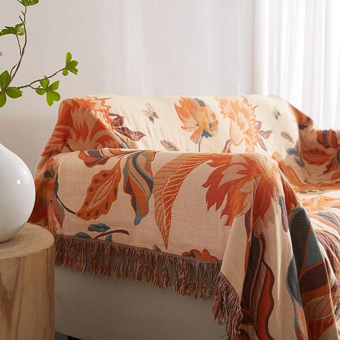 Boho Throw Blanket for Bed 60”x80”, 100% Cotton Woven Blanket for Couch Sofa, Ultra Soft 4-Layer Muslin Quilt with Floral Printed, Farmhouse Bed Blanket/Cover for Living Room Decor