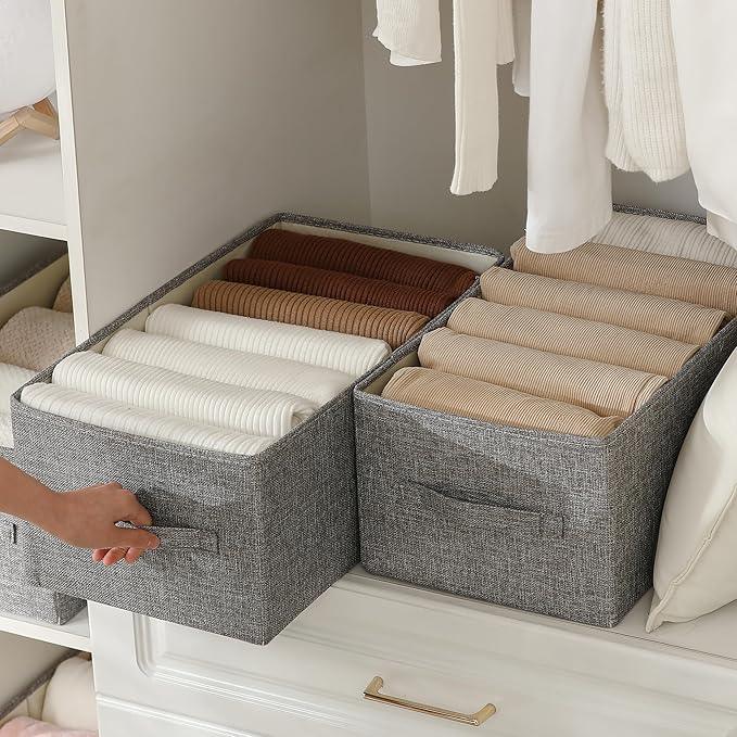 Linen Folding Storage Bins, 3 Pack Large Storage Baskets, Washable, Clothing Storage Bins with Handle, Closet Organizer for Storage Sweater,Sheets(dark grey, 18½