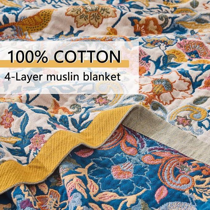 Boho Throw Blanket for Couch,100% Cotton Summer Blanket for Bed, Ultra Soft Rustic Quilt for Bed, Home Decor, Boho Picnic Blankets with Bird and Flowers for All Seasons,Twin 60