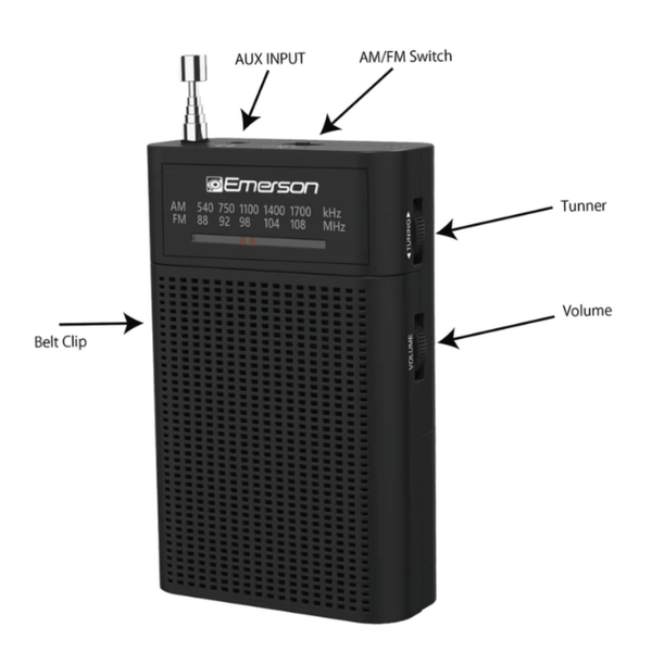 Emerson Portable AMFM Radio with Built-In Speaker and Easy Removable Belt Clip