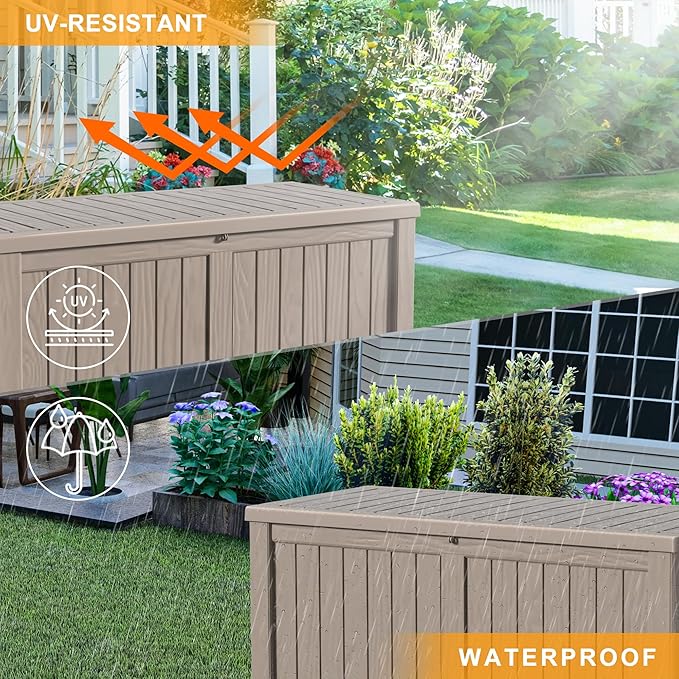 120 Gallon Outdoor Deck Box,Storage Lockable Waterproof Patio Furniture,Garden Tools,Cushions,Pool Accessories Outside Storage Resin Box(Grey)