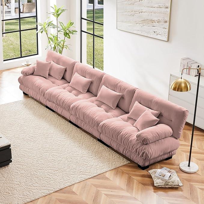 Modular Sectional Sofa Cloud Couch 4-Seater Deep Seat Sofa Couch, Oversized Couch Bed Sectional Couch with Round Bolster Armrests 6 Pillows, Modern Sofa Chair Comfy Couch(Pink)