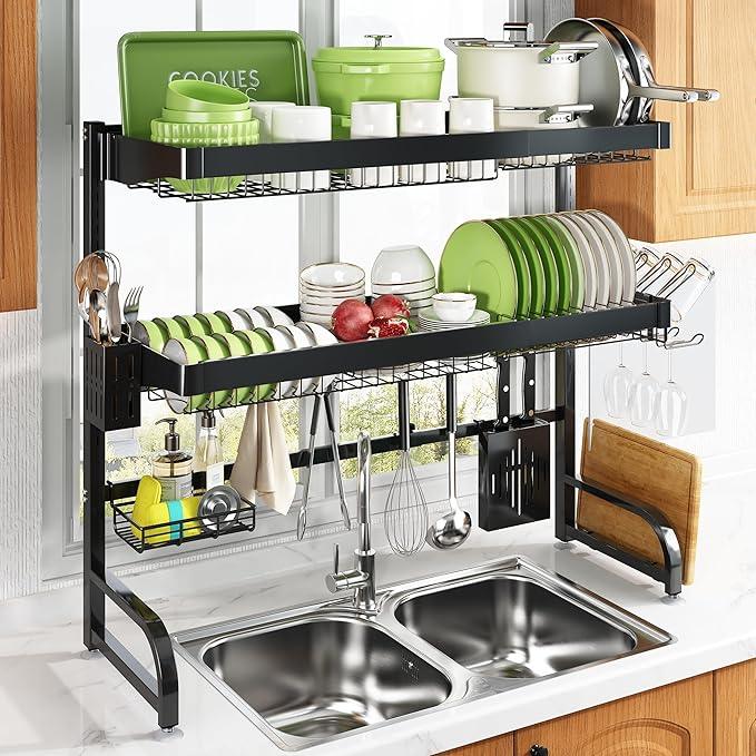 3 Tier Extra Large Stainless Steel Expandable Over The Sink Dish Drainer Drying Rack, Rust Proof Metal, Space Saving, Modern Black Big Capacity Extendable Plate Strainers Above Kitchen Counter