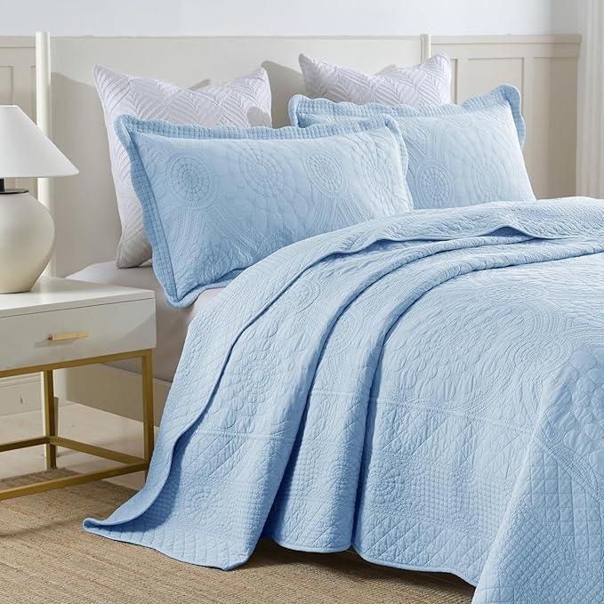 MarCielo 3-Piece 100% Cotton Oversized Bedspread Lightweight Quilt Coverlet Embroidery Farmhouse Bedding Set (Tf Light Blue, Oversized Queen (100