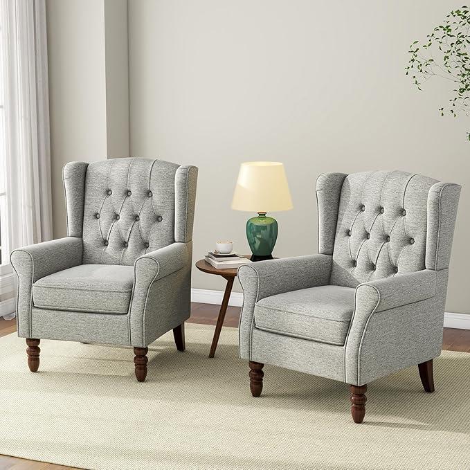 Accent Chair, Upholstered Armchair with Button Tufted High Back & Solid Wood Legs, Comfy Wingback Reading Single Sofa Chair for Small Spaces, Living Room, Bedroom (Light Grey, Set of 1)