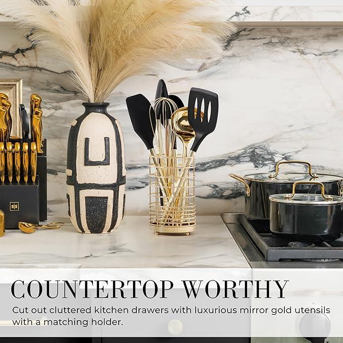 Styled Settings Black and Gold Cooking Utensils Set - 7-Piece Silicone Utensils Set Include Spatula Holder for Nonstick Cookware and Modern Kitchens - Stylish Black and Gold Kitchen Accessories