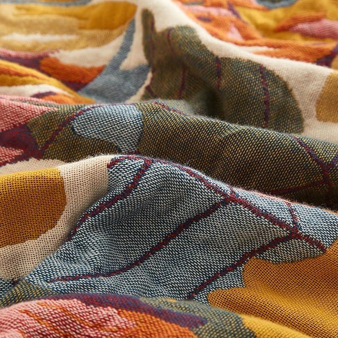 Boho Throw Blanket for Couch Sofa Bed, 100% Cotton Woven Quilt with Tassel 80”x90”, Super Soft Muslin Blanket with Floral Printed, Decorative Reversible Bed Blanket/Cover for All Seasons