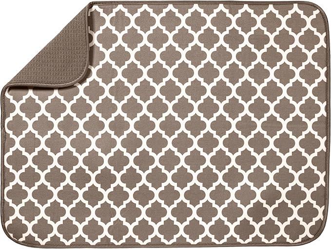 S&T INC. Dish Drying Mat XL, 18” x 24”, Absorbent Microfiber Kitchen Counter Mat, Dish Drying Pad for Dishes, Utensils, Pots and Pans, Extra Large, Taupe Trellis