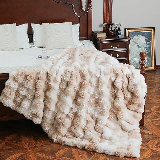 UKELER Camel Large Fluffy Bed Blankets Throws Twin Size, Cozy Shaggy Faux Fur Blanket Soft Plush Thick Throw Blanket for Bed, Couch, Sofa, Office, Camping 60''x80''