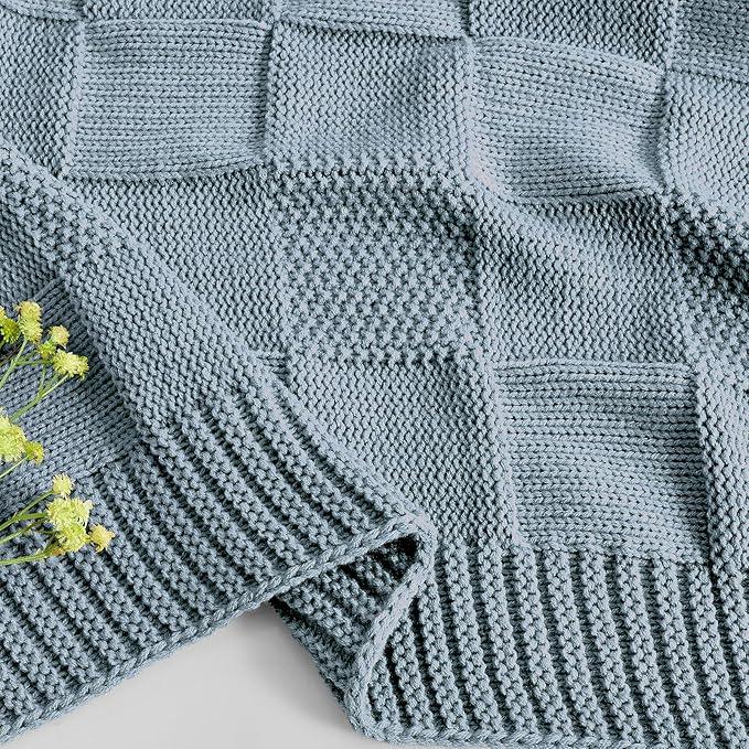 CozeCube Check Knit Throw Blanket, Dusty Blue Checkered Throw for Couch, Decorative Christmas Soft Cozy Warm Knitted Blanket for Bed Sofa Living Room, 60