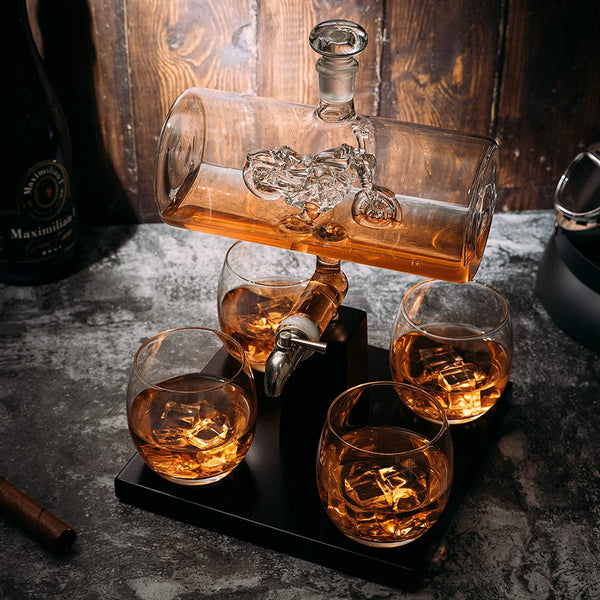 Motorcycle Decanter Whiskey & Wine Decanter Set 1100ml by The Wine Savant with 4 Whiskey Glasses, Motorcycle Gifts, Harley Davidson Motorbike Gifts, Drink Dispenser for Wine, Scotch, Bourbon 19