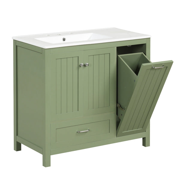 36 inch bathroom vanity with sink, one double door cabinet one large drawer and one flip drawer solid wood and MDF board, green