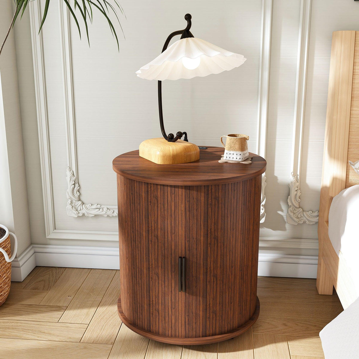 Walnut Mid-Century Modern Nightstand Set with Charging Station – Round Side Tables (Set of 2)