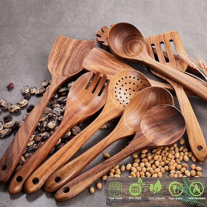 Wooden Kitchen Utensils Set,GUDAMAYE 9 PCE Natural Teak Wooden Spoons For Non-stick Pan for Cooking,