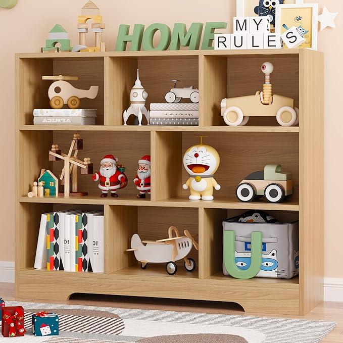 Book Shelf, 8 Cubes Storage Organizer, 3-Tier Open Shelf Wooden Bookcase, Freestanding Log Bookshelf Cube Shelf for Bedroom, Living Room, Home Office