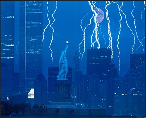 New York City Art Print | Twin Towers & Statue of Liberty Lightning Storm 16x20 Wall Art
