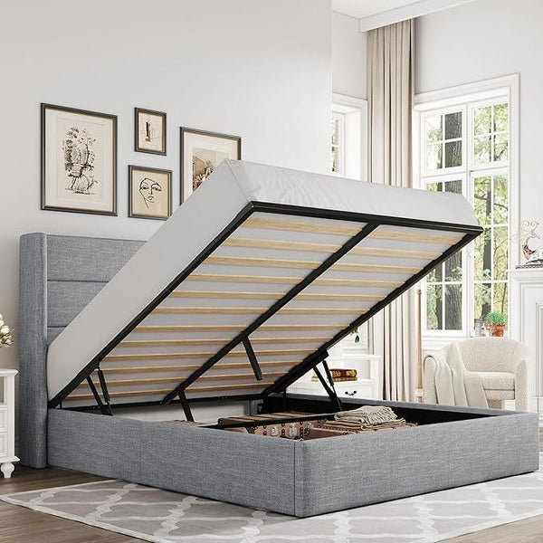 Allewie Queen Size Lift Up Storage Bed, Modern Wingback Headboard, Hydraulic Support, No Box Spring Needed, Light Grey