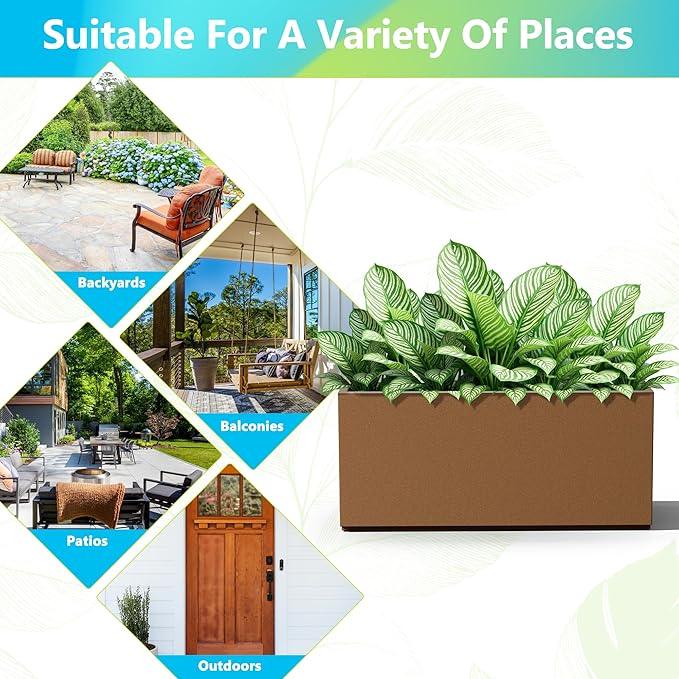 FENCY Large Metal Planter, Large Rectangular Planters for Outdoor Plants, Tall Outdoor Planters for Porch Patio, 38