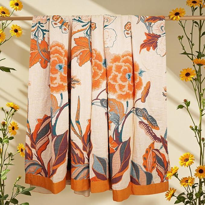 Boho Throw Blanket, 100% Organic Cotton Breathable Soft Lightweight All Season Rustic Bed Throw - Floral Bird Farmhouse Decor Blanket for Sofa Couch Chair Quilt and Gift. 60