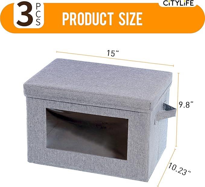 Citylife 3-Pack Collapsible Storage Bins with Lids, Linen Fabric Foldable Storage Boxes, Cube Closet Organization for Clothes, Blankets and Books, Gray