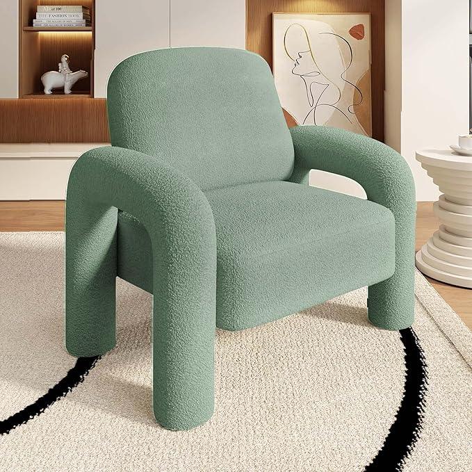 Modern Sherpa Accent Chair, Teddy Upholstered Arm Single Sofa, Cozy Fluffy Reading Chair for Living Room, Bedrooms, Corner (Mint Green)