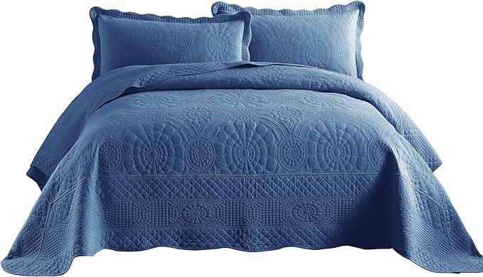 MarCielo 3-Piece 100% Cotton Oversized Bedspread Lightweight Quilt Coverlet Embroidery Farmhouse Bedding Set (Tf Midtone Blue, Oversized Queen (100