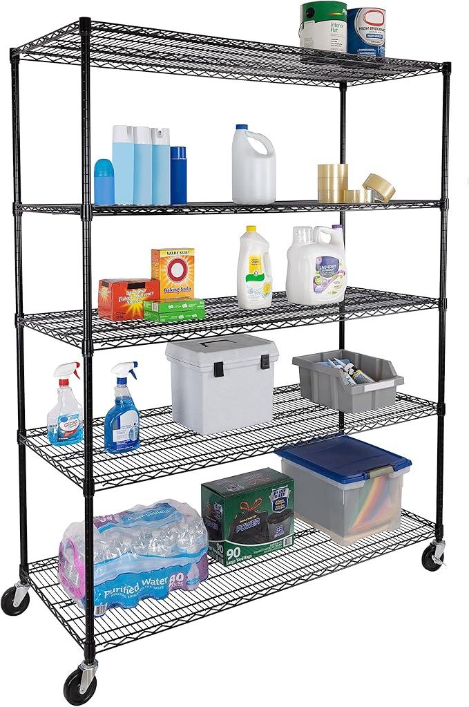 Seville Classics UltraDurable Heavy Duty NSF Solid Steel Wire Rack Storage Unit, Organizer for Garage, Warehouse, Office, Restaurant, Classroom, Kitchen, Black, 5-Tier Shelving, 60
