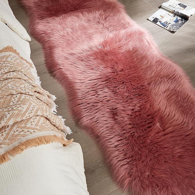 AMTOVO Faux Sheepskin Rug, Blush Pink Ultra Soft Fluffy Shag Area Rug, 2 x 6 ft Faux Fur Rug for Bedroom Sofa Throw Cushion Room Decor, Sheepskin