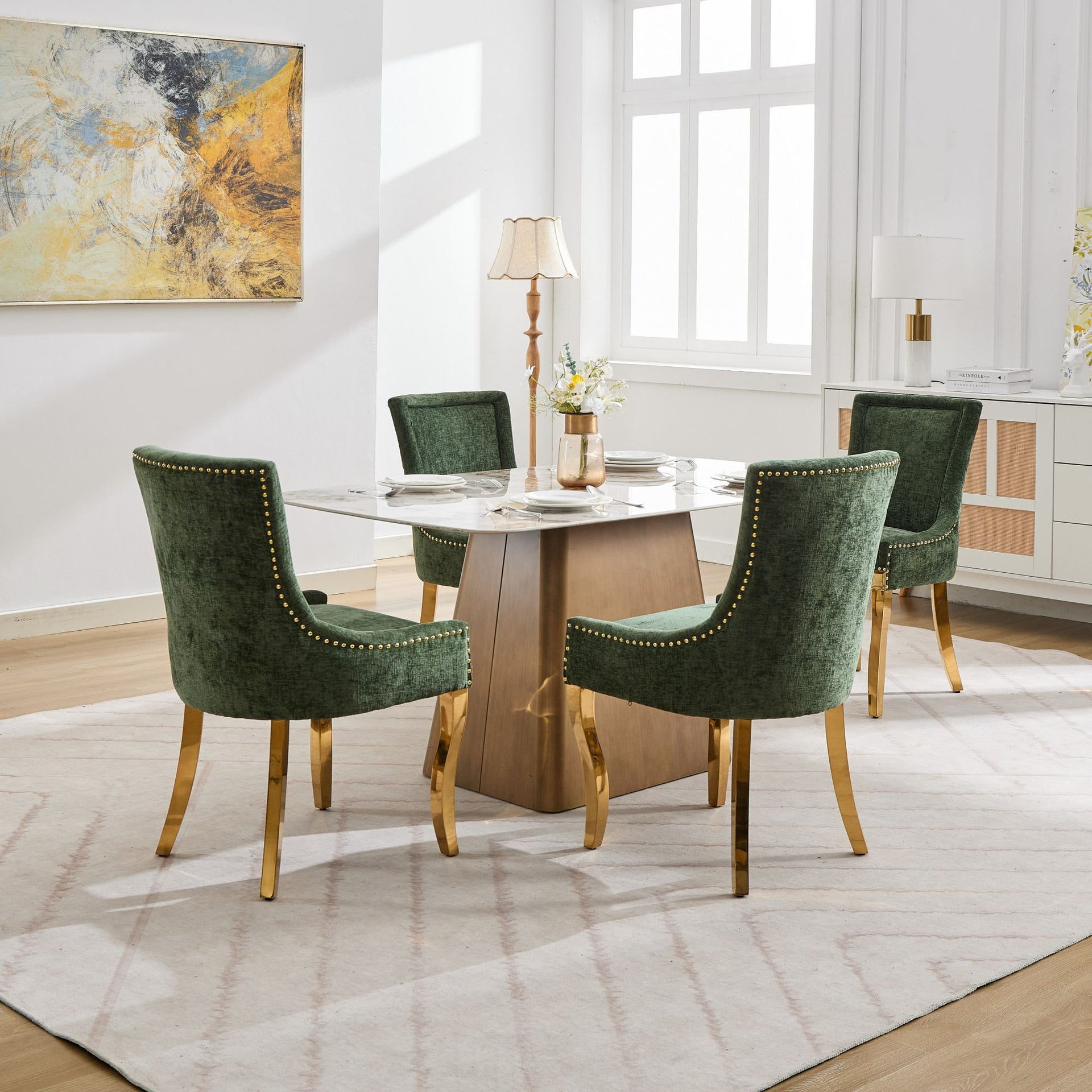 Chenille Dining Chairs Modern Style with Curved Gold-Plated Legs & Rivet Trim