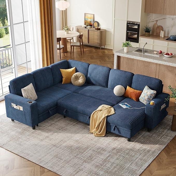 LINSY HOME Sectional Sleeper Sofa with Pull Out Couch Bed - Convertible Plush Corduroy Cloud Couch with Storage Chaise & USB Charging, Comfy Modular Couches for Living Room, Blue