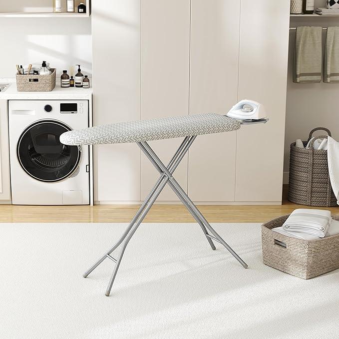 Yaheetech Foldable Ironing Board, Heavy Duty Iron Board with 9 Adjustable Heights, 4 Layer Cover and Safety Iron Rest, 52X14 Compact and Space Save Iron Board for Home Laundry Room Use, Gray&White