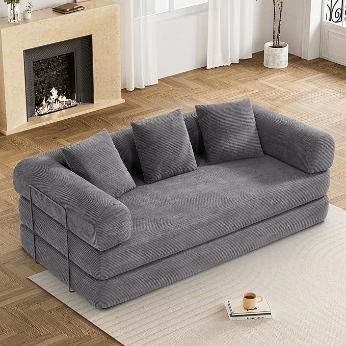 Convertible Sleeper Sofa Bed with Pillow, 4-in-1 Corduroy Folding Mattress Couch with Fixed-Shape Frame, Futon Fold Out Floor Sofa Cama Lounge Couch for Living Room Bedroom Studio, Grey