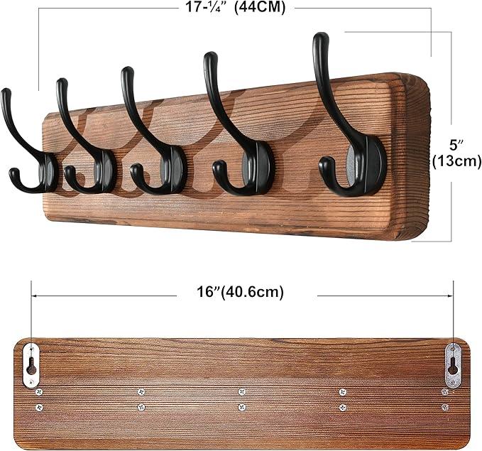 SKOLOO Rustic Wall Mounted Coat Rack, Case of 2, Pine Solid Wood Coat Hook Hanger - 5 Hooks for Hanging Clothes Robes Towels Coats