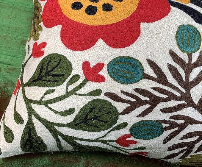 Lumbar Cream Suzani Cushions - Boho Floral Throw Pillows | Outdoor Pillows & Chair Cushions - Hand Embroidered Wool Size - 14x20