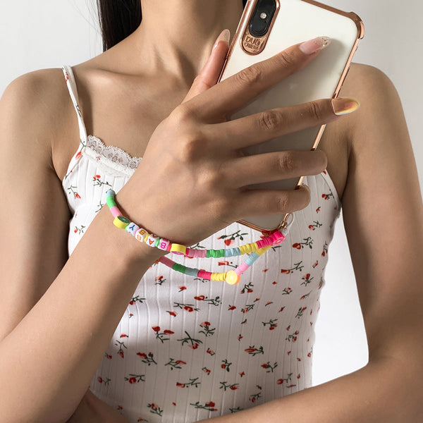 Simple color collision fresh fruit bead mobile phone chain geometric soft ceramic pendant rope chain