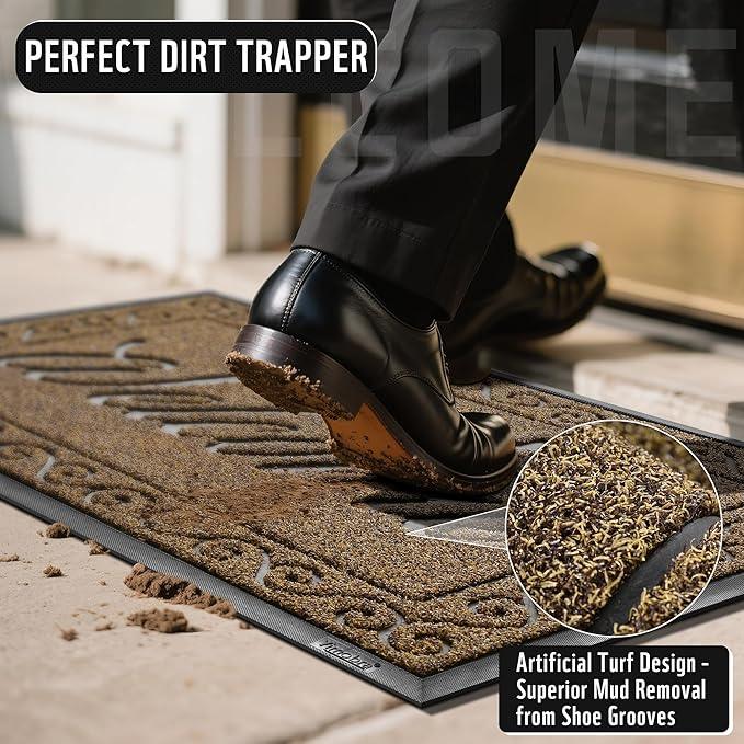 Yimobra Welcome Front Door Mat, Heavy Duty Easy Clean Doormat Indoor Outdoor, Waterproof Quick Dry Floor Mat for Home, Garage, Hign Traffic Areas, Non Slip, Low Profile, 29.5X17 Inches, Beige Brown
