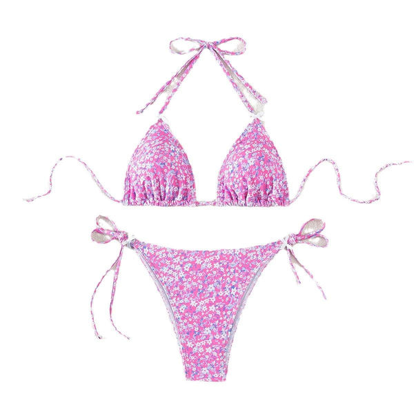 Floral triangle cup lace up sexy bikini split swimsuit for women