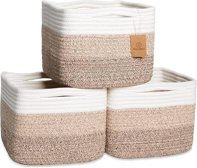 NaturalCozy Storage Cubes 9”x9”x7”Cotton Rope Woven Baskets for Organizing 3-Pack | 9 Inch Cube Storage Bin | Small Basket for Shelf Nursery, Pantry, Decorative Plant, Bathroom Closet, Toy Gift