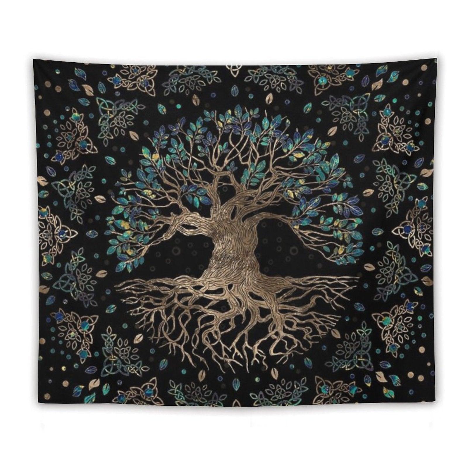 Tree of Life -Yggdrasil Golden And Marble Ornament Tapestry