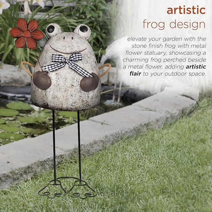 Alpine Corporation MCC860 Indoor/Outdoor Frog with Flower Garden Statue, Stone Finish Frog Statue for Yard, 24