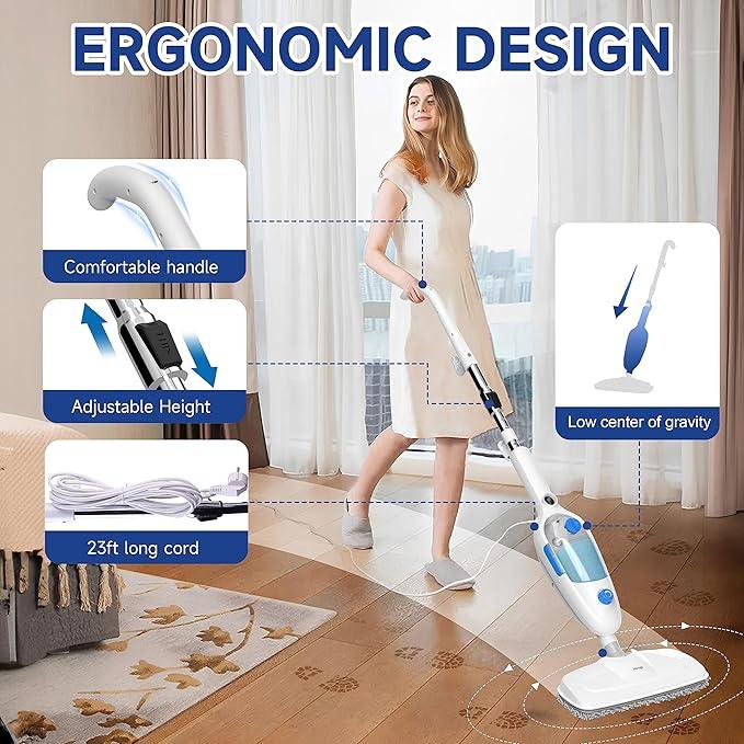 Steam Mop for Floor Cleaning, 10in1 Multi Purpose Handheld Steamer Cleaner Detachable for Vinyl, Laminate, Carpet, Tile Hard Floor Grout w/ 2 pad, 23ft Cord, 15oz Tank, Adjustable Steam & Height
